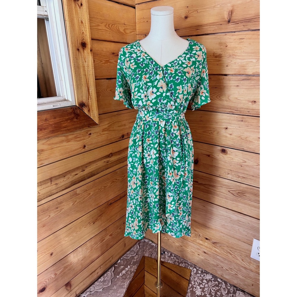 Vintage Summer Sundress Large Green Floral Flutter Sleeve Sienna Sky Garden Y2K